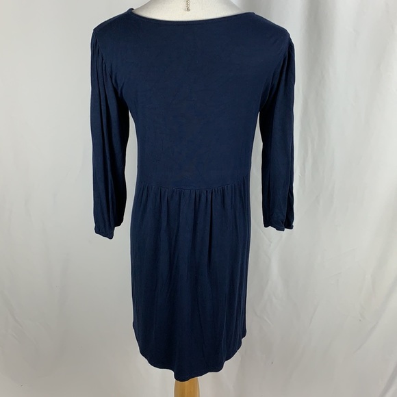 Navy 3/4 Sleeve Scoop Neck Pleated Front Dress - Picture 3 of 7